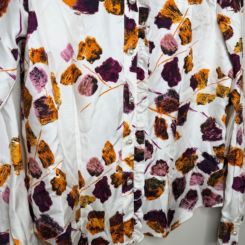 Perry Ellis 100% Silk White Blouse with Purple and Orange Floral Print Size 6 - Picture 6 of 9